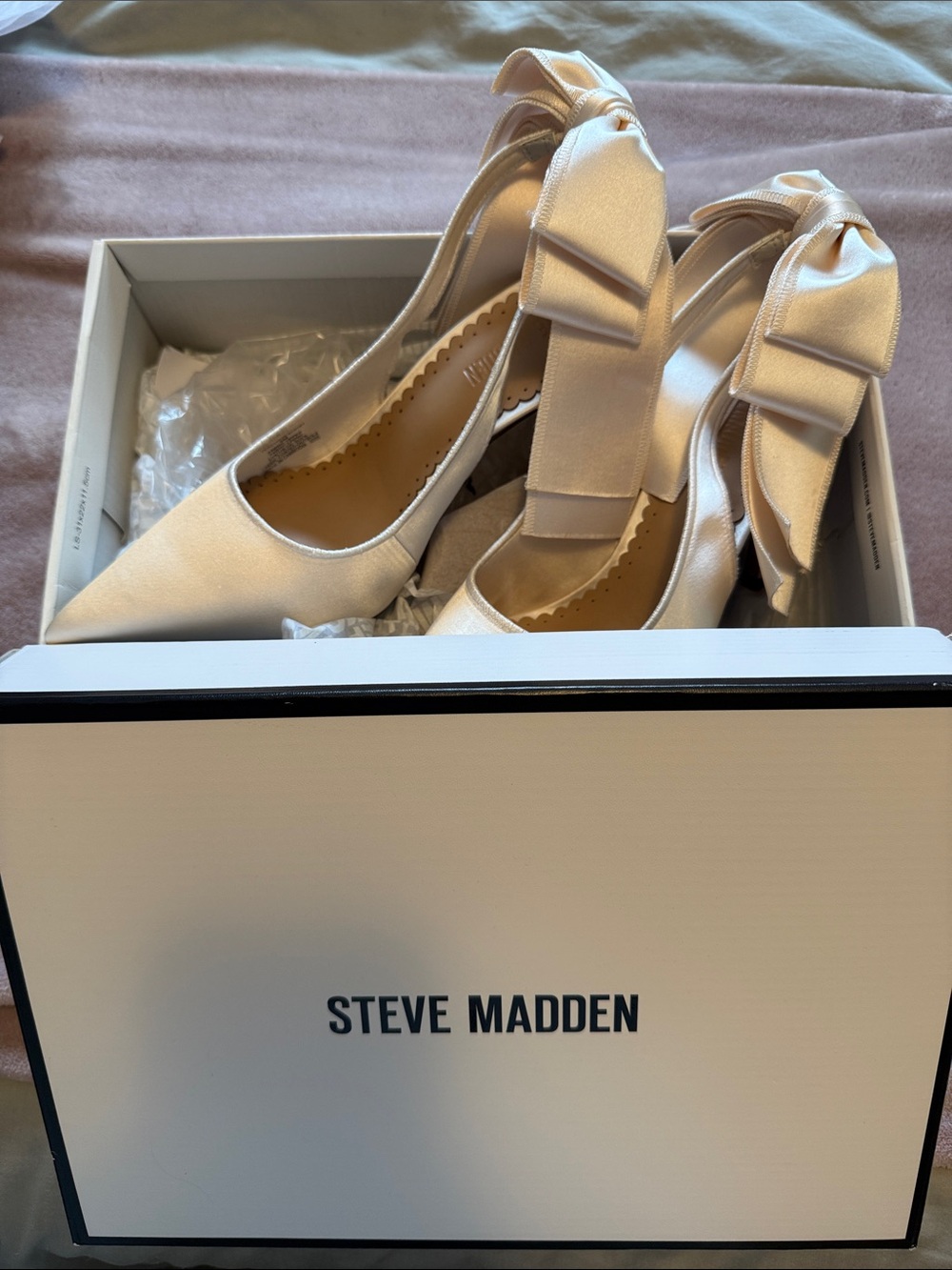 Steve Madden Champagne Satin Pointed Bow Ankle-Tie Heels